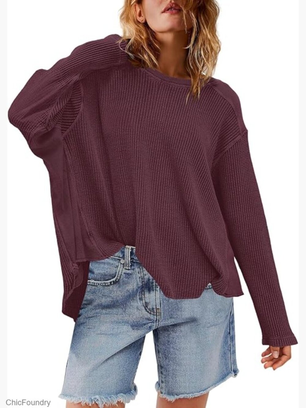 Oversized Waffle Knit Tunic Top Long Sleeve Crewneck Pullover Casual